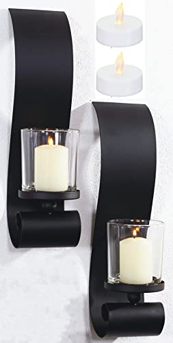 Novaliv 2X Wandkerzenhalter + 2X LED Teelichter Maxi 12,5 x 36,5 x 9 cm Schwarz LED Kerze Teelichterhalter aus Metall mit Glas Kerzenhalter Dekoration Wanddeko Vintage Teelicht LED Licht Wandhalter