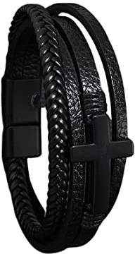 Kreuz Leder Armband, Cross Bracelet, Magnetverschluss, Herren Armband Edelstahl Echtleder Armband Naturstein Geflochten Mit Magnet Verschluss, Premium Echtlederarmband für Männer, Tolle Geschenkidee