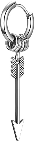 JewelryWe Jewellery Men's Creole Earrings with Awl Taper Tip, Chain and Cuboid Pendant Stainless Steel Ear Cuff Stud Earrings Ear Piercings for Men Women Black/Gold/Silver, Stainless Steel