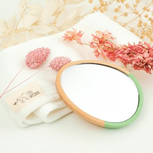 Feel Natural - Miroir de Poche Compact avec Effet Grossissant - Accessoires de Maquillage - Idée Cadeau pour Femme - Cadre et Dos en Bambou Naturel et Elégant