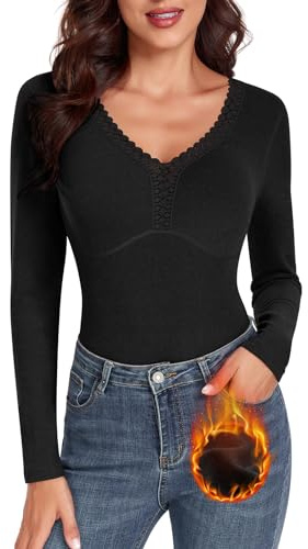 WOWENY Thermo Trägershirt Damen Fleece Tank Top mit Spitze Ärmellose Elegant Spitzentop Unterhemd V-Ausschnitt Warm bequem Thermooberteile