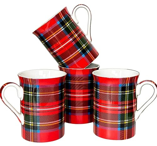 Red Tartan Mugs 250ml Set of 4 Fine China Royal Stewart Hot Drinks Cups Boxed