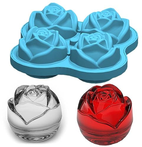 Ice Cube Molds Trays 3D Rose Flower and Diamond Shape Ice Cube Moulds 4 Cavity Silicone Rose Ice Ball Maker Easy Release Freezer Tray for Chilling Cocktails Whiskey Bourbon Juice(Blue)