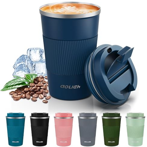 Aolieh Resemugg, isolerad kaffekopp med lock, återanvändbar dubbelvägg vakuumflaska läckagesäker kaffemugg, rostfritt stål termisk kopp för varma kalla drycker, kaffe, te och öl, marinblå 380 ml