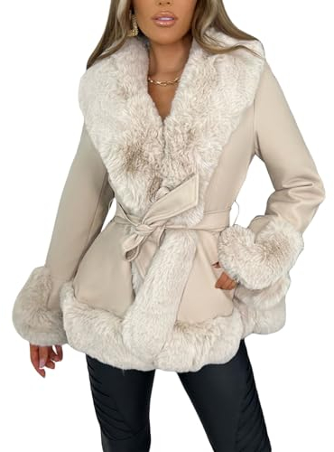 Yassiglia Winterjacke Damen Lang Gefütterte Jacke Plüsch Kragen Mantel mit Gürtel Herbst Winter Lederjacke mit Fell Elegant, Warm, Verdickt, Outdoor (Beige, M)