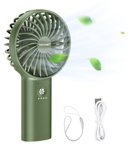 TECKNET Mini Ventilateur Portable USB 5200 mAh avec Alimentation Mobile, Réglable, 3 Vitesses, Portable, Electrique, pour Bureau, Maison, Voyage, Extérieur