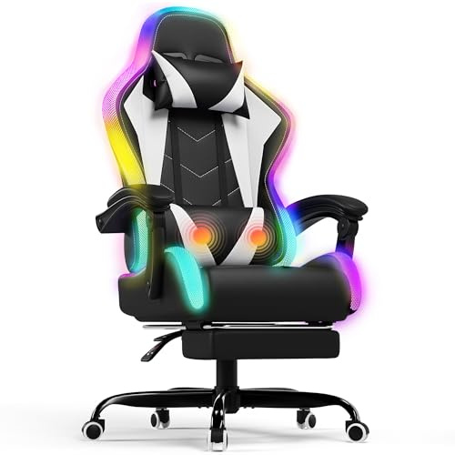 Devoko LED Gaming Stuhl – Ergonomischer Bürostuhl mit Massagefunktion & Teleskop-Fußstütze, Verstellbare Rückenlehne (90-135°), für Gamer bis 150 kg, Augenschonendes Design，Weiß