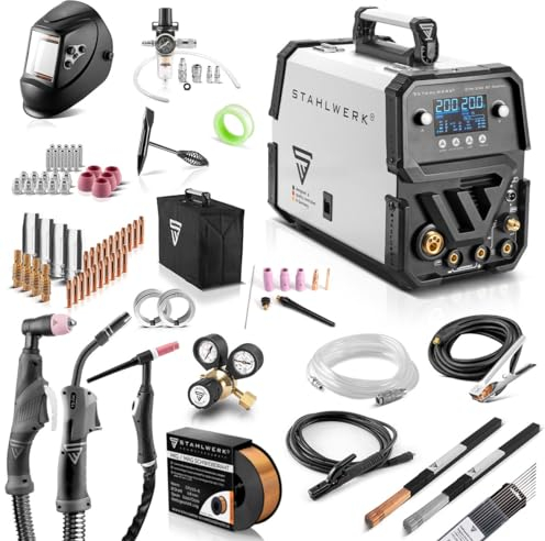 STAHLWERK Soldadora combinada 5 en 1 CTM-250 ST - totalmente equipada - Máquina de soldar digital 200 A, MIG MAG, TIG, MMA, FLUX y plasma 50?A, alimentación sinérgica, IGBT, función spot