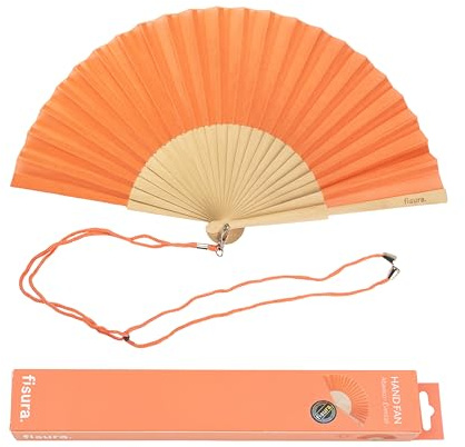 Fisura – Éventail orange pêche. Éventail moderne et amusant en bois. Éventail original pour l'été. Éventail avec cordon pour éventail. Dimensions : 42,5 x 23 cm
