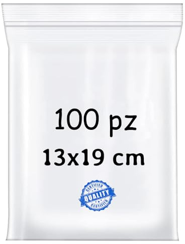 Buy Safe - Sacchetti Plastica Richiudibili, Sacchetti Ermetici per Alimenti, Vestiti e Oggetti con Chiusura a Cerniera, Buste Trasparenti Richiudibili Resistenti e Riutilizzabili, 13x19-100 Pz