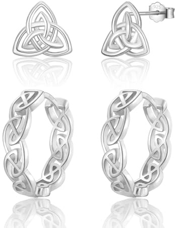 wynn's Ohrringe Silber 925, 2 Paar Keltisch Knoten Creolen Silber 925 Damen Ohrstecker Set, 10mm Ohrstecker & 14mm Knoten Creolen Gold/Silber 925 Mittelgroß Schmuck für Damen Herren