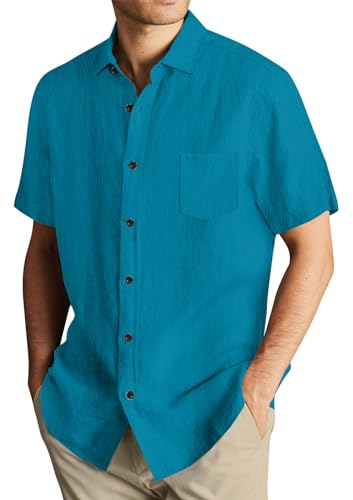 SOOUICKER Freizeithemden für Herren Kurzarm Leinenhemd Herren mit Brusttaschen Kurzarmhemd Herren Sommer Sommerhemd Herren Leinen Leinenhemd Herren Große Größen Hemd Herren Vintage