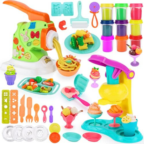 VBACALA Knete Set für Kinder,37 PCS DIY Knete Zubehör Kitchen Creations Knete Eismaschine Nudelmaschine Kinderknete mit Knetwerkzeug 9 Dosen Knetmasse,Spielzeug Geschenk Mädchen Junge Knete ab 3 Jahre