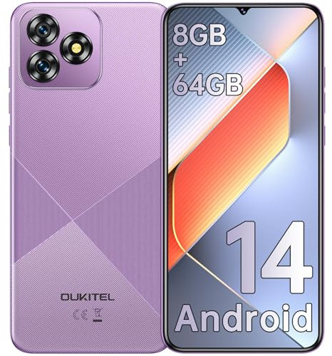 OUKITEL C53 Teléfono Móvil 2025, 6.6“ Pantalla HD+ Smartphone, Android 14 Moviles Libres, 8GB(4+4) RAM+64GB ROM/TF 1TB Telefono Movil, Batería 4300mAh, Cámara 13MP+5MP, 4G Dual SIM - Morado
