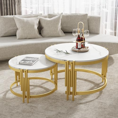 Moduliertes Couchtisch-Set,Goldener Metallrahmen, Marmoroptik, runde Tische in Zwei Größen.