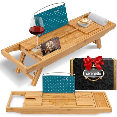 SereneLife Vassoio Vasca da Bagno Pieghevole in Bambù 2 in 1, Porta Oggetti Bagno Regolabile Antiscivolo con Supporto Dispositivi, Portabicchiere Vino, Espandibile e Set Regalo Donna per Relax
