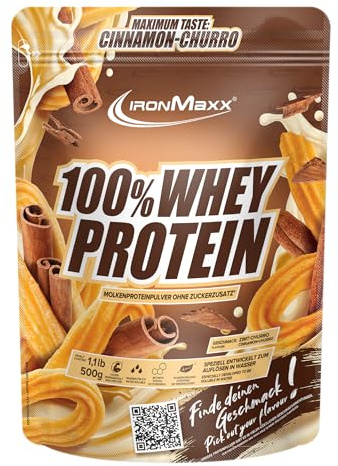 IronMaxx 100% Whey Protein 500g - Cinnamon Churro - Leckerer High Protein Shake, 37g Protéine par portion, boisson énergisante pour entraînement intensif, avec BCAA et EAA