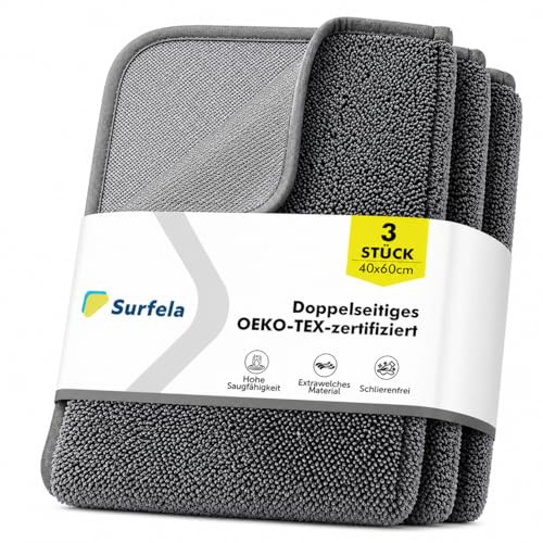 Surfela Trockentuch Dusche 3 Stück, Ultra Wipes Trockentuch 40×60 cm, Saugstark, Schnell Trocknend, Streifenfrei & Kratzfrei, Extra Groß, für Duschkabine, Glas & Auto