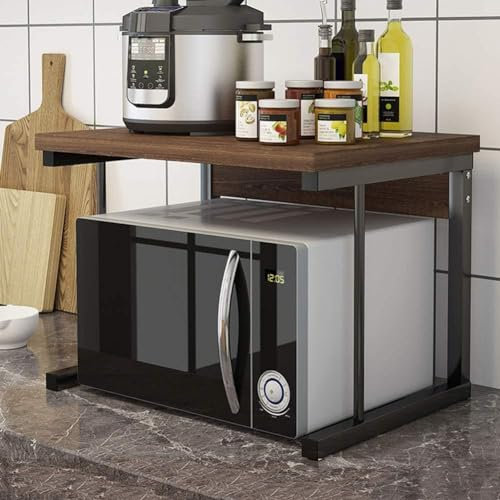 Estante de madera para microondas de 2 niveles con marco de metal, estante de cocina resistente para organizar el horno de microondas, tostadora y encimera de cocina
