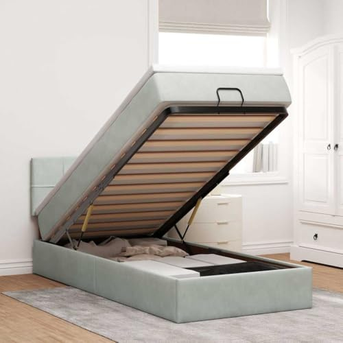 IKAYAA Boxspringbett 100x200 mit Matratze und Bettkasten Boxspringbett mit Stauraum Polsterbett 100x200 mit stauraum Bettgestell mit Lattenrost-Hellgrau-100 x 200 cm