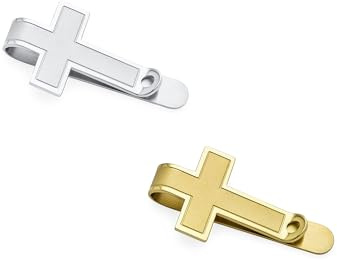 Bling Jewelry Set aus Zwei personalisierten christlichen religiösen Kreuzform-Geldscheinklammern für Männer, Vater, Teenager, Abschluss, Silber-Gold-Ton, Edelstahl, anpassbar.