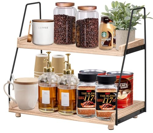 Wooden 2-Tier Coffee Station Organizer – Kitchen Countertop Coffee Bar Organizer with Condiment Storage Tea Coffee Storage for Home, Office, and Coffee Accessories