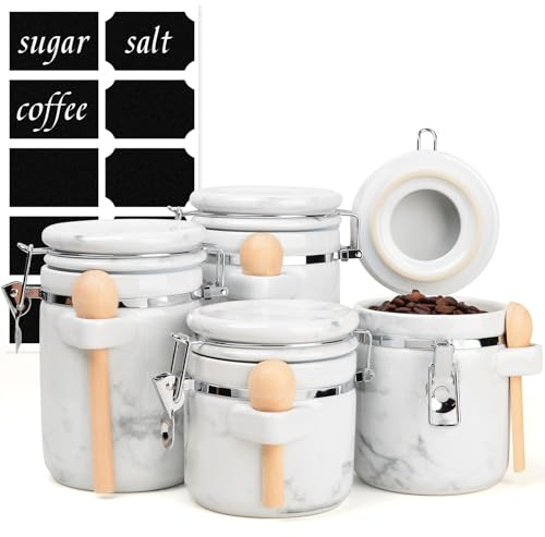 ZEBERBO 4-Piece Airtight Ceramic Canisters Set with Wooden Spoons & Chalk Labels – Perfect for Coffee, Sugar, Flour, Tea (Marble) – Stylish & Leakproof Kitchen Storage