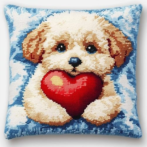 Taxpy Knüpfteppich Zum Selber Knüpf-Sets Mit Kissen Knüpfen-Set Hund Und Rotes Herz 43X43Cm Kissenbezug-Set Für Erwachsene Und Kinder Latch Hook Kit Heimaccessoire