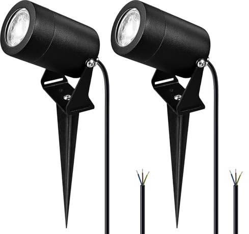 JNR Edelstahl LED Gartenbeleuchtung mit Strom und Erdspieß, Schwarz 2 Pack | IP65 Wasserdicht Gartenlampen für Draußen Strom mit 2M Kabel Kein Stecker, Gartenleuchten 5W GU10 3000K Warmweiß Glühbirne