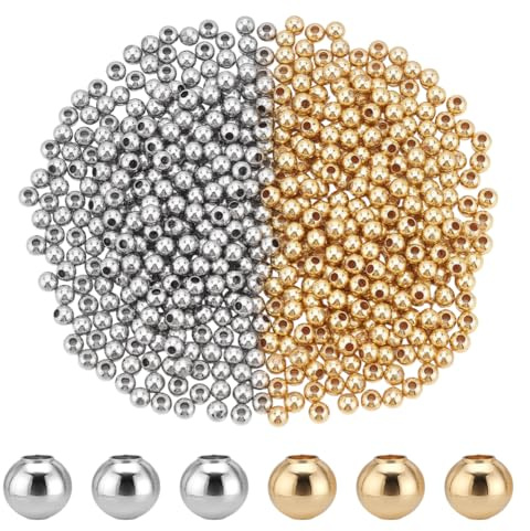PH PandaHall 3 mm, 600 palline da doccia in ottone placcato oro 18 carati, perline distanziatrici rotonde, in metallo platinate, distanziatori rotondi per bracciali, collane, gioielli, matrimoni