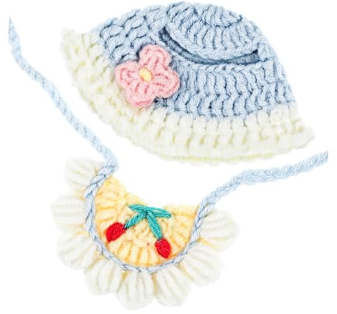 KOMBIUDA Bonnet Crocheté Rose à Fleurs et Petit Bavoir Accessoires pour Poupées et Miniatures de Maison de Poupée