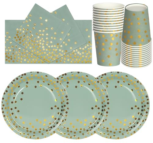 PYAILI Salbeigrün Gold Party Pappteller Set 24 Guests | 72 Stück Partygeschirr Kinder Geburtstag Mädchen Party Dekoration Zubehör Set Papier Geschirr Set