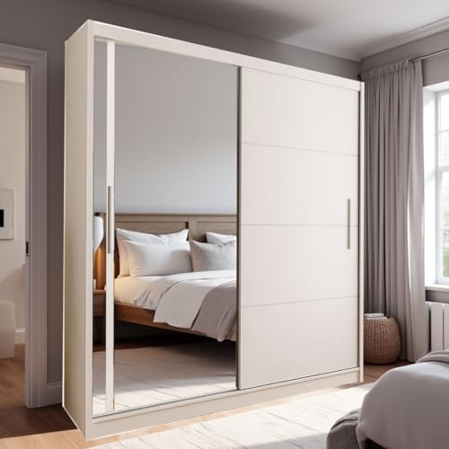 VENICE 2 & 3 Doors Sliding Mirror Wardrobe Modern Free Standing Bedroom Furniture with Adjustable Shelves, Drawers & Hanging Rails Multiple Colours & Sizes 120/150/180/203/250 cm (White, 203cm)