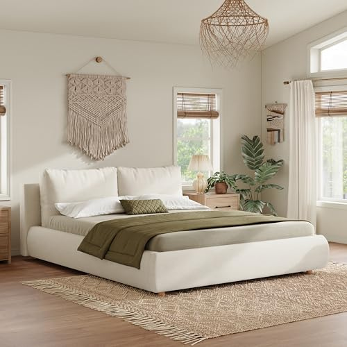 Merax King Size Ottoman Storage Bed Frame, 5ft Kingsize Upholstered Bed Cloud Bed with 2 Removable Cushions Headboard, Boucle Fabric, Warm White/150x200cm