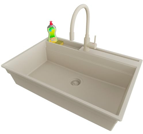 PRIMAGRAN Lavandino da Cucina Beige 78x53cm, Lavello in Granito a 1 vasca + Rubinetto 38x14cm + Sifone Classico, Lavabo Incasso al mobile 80cm - Oslo Pocket