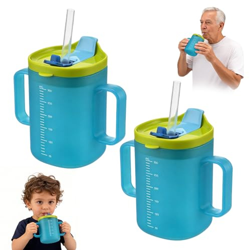 2 Pcs Elderly Spill Proof Cups, 300ml Sippy Cup for Adults, Beakers for Elderly with 2 Handles, Adult Feeding Cup Drinking Cup with Lid and Straw, Adult Sippy Cups for The Elderly Non Spill (Blue)