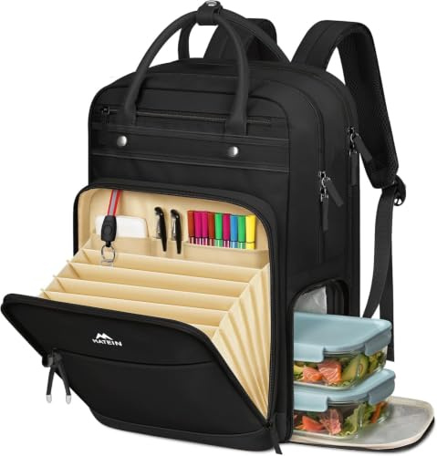 MATEIN Zaino Lavoro Donna con Borsa Pranzo Rimovibile, Zaino Porta PC, Nero | Zaino Porta PC 15,6 Pollici, Con Borsa Frigo Integrata, Contenitore a Fisarmonica, Tasca Organizzata, per Università, Ufficio