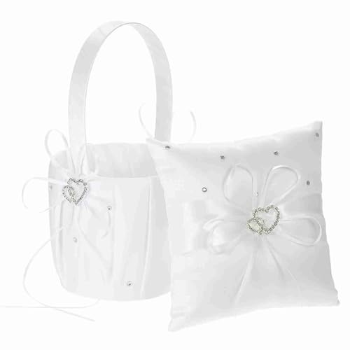 Sunydog Elegant Double Heart Satin Ring Bearer Pillow + Flower Girl Basket Wedding Set with Rhinestone Ribbon Decoration, White (White)
