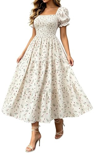 WVONIF Robe Midi Femme Été Col Carré Manches Bouffantes Fleurie Bohème Robes Smockée Taille Haute Froncée Élastique Décontractée Robe de Plage Casual Coupe Ample Maxi Dress
