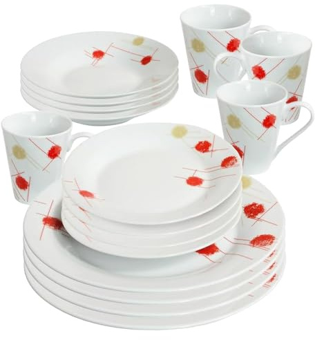 16 Piece Dinner Set - Cream & Red Patterns Dinnerware Set | 4 Bowls, 4 Side Plates, 4 Mugs, 4 Soup Plates | Kitchen Microwave & Dishwasher Safe | for Cereal, Desserts, Tea, Porcelain Cup, Gift