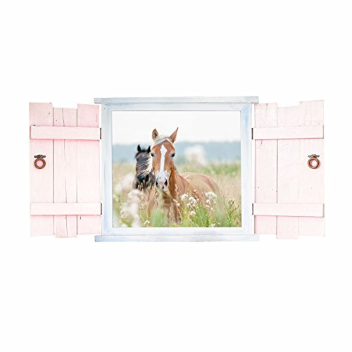 023 Wandtattoo Pferde im Fenster mit Fensterläden - in 6 Größen - wunderschöne Kinderzimmer Sticker und Aufkleber süße Wanddeko Wandbild Junge Mädchen Größe 750 x 380 mm