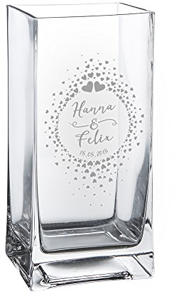 Casa Vivente – Florero con Grabado Individual – Personalizado con 2 Nombres y Fecha – Corazones – Florero Rectangular para Bodas