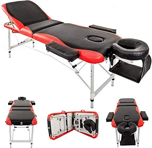 BTM Massage Table Couch Bed Professional Tattoo SPA Reiki Portable Folded 3 Section with Premium PU Leather and 5 cm High Density Multi-Layer Foam Headrest Arm Support and Carrying Bag Black (Red)