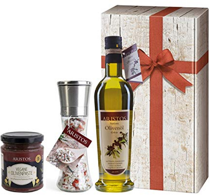 3 tlg Griechisches Olivenöl Geschenk-Set Weihnachten | Geschenkkorb mit Öl, Meersalz, Tapenade | in Geschenkkarton mit Holzoptik und Schlaufe | ARISTOS (Öl-Salz-Paste)