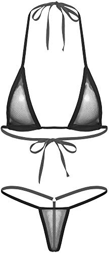 Choomomo Womens Brazilian Mesh Sheer Extreme Halterneck Mini Micro Bra with G-String Bikini Swimsuit Black OneSize