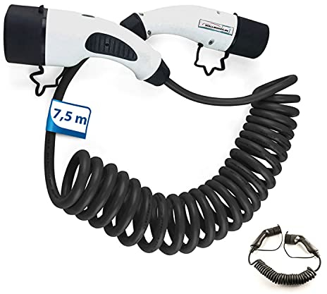 7,5m Spiral Ladekabel 3 Phasig 400V 11kW 16A Typ 2 zu Typ 2 ECC für Wallbox Ladestation Wallbox24