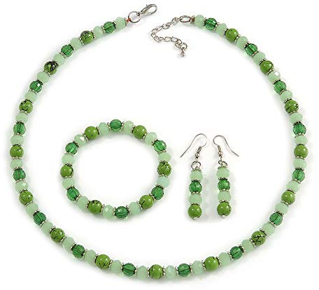 Avalaya Set collana/orecchini/braccialetto con perline in vetro/ceramica verde erba verde pisello con distanziatori argentati, lunghezza 48 cm, estensione 7 cm, Misura unica, vetro, ceramica, Nessuna
