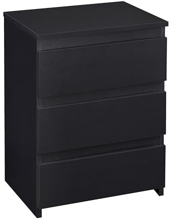 Yaheetech Wide Bedside Cabinet with 3 Storage Drawers, Black | Handle-Free Profile, 45.5 × 35.5 × 60.5 cm, Wide Easy-Care Top, Clean Storage for Bedroom, Lounge or Home Office