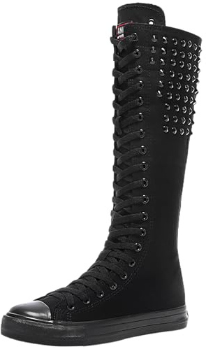 Jamron Mädchen Damen Modisch Knie Hoch Schnüren Segeltuch Stiefel Rein Weiß Schwarz Leinenschuhe Reißverschluss Tanzschuhe