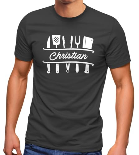 MoonWorks® Herren T-Shirt Grillen personalisiert eigener Name Grillbesteck Geburtstag Geschenk für Männer Anthrazit 5XL